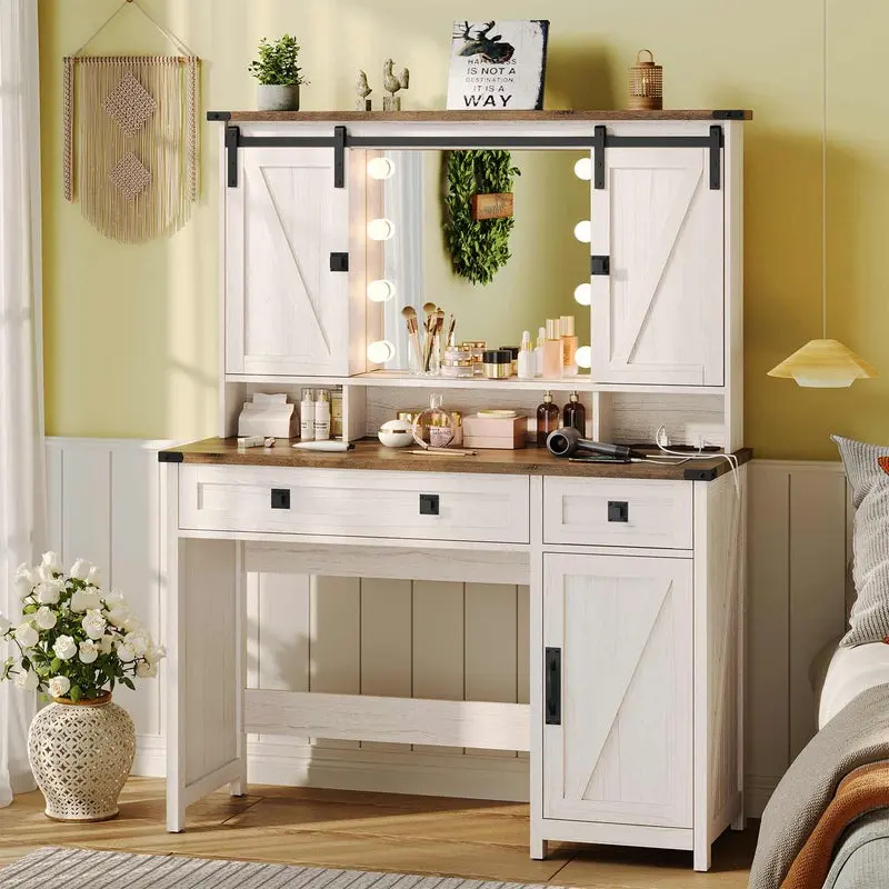 [SummerSale] Sikaic Farmhouse Makeup Vanity with Lights and Barn Doors, Vanity Desk with Mirror and Charging Station, Vanity Table with Jewelry Hooks and Open Storage Shelves, Home Furniture, Dorm Essentials