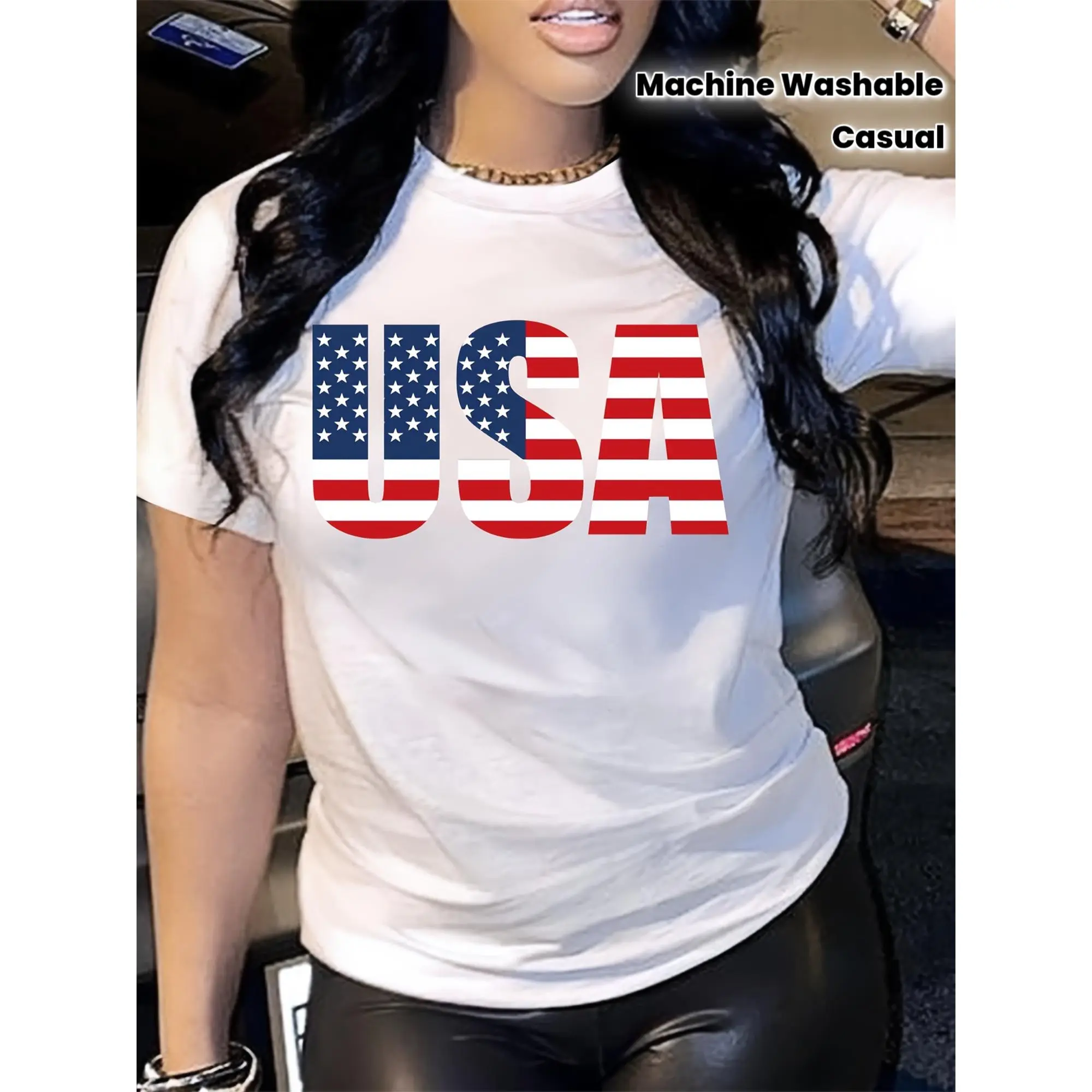 Elegant Women's T-Shirt with a Patriotic Halloween Print, Casual Short Sleeve Cotton Streetwear for a Party, Patriotic Print, Shortsleeve, Women's Clothes, Chic, Thanksgiving, Casual Chic, Easter, Tops, Round Neck, Valentines Day
