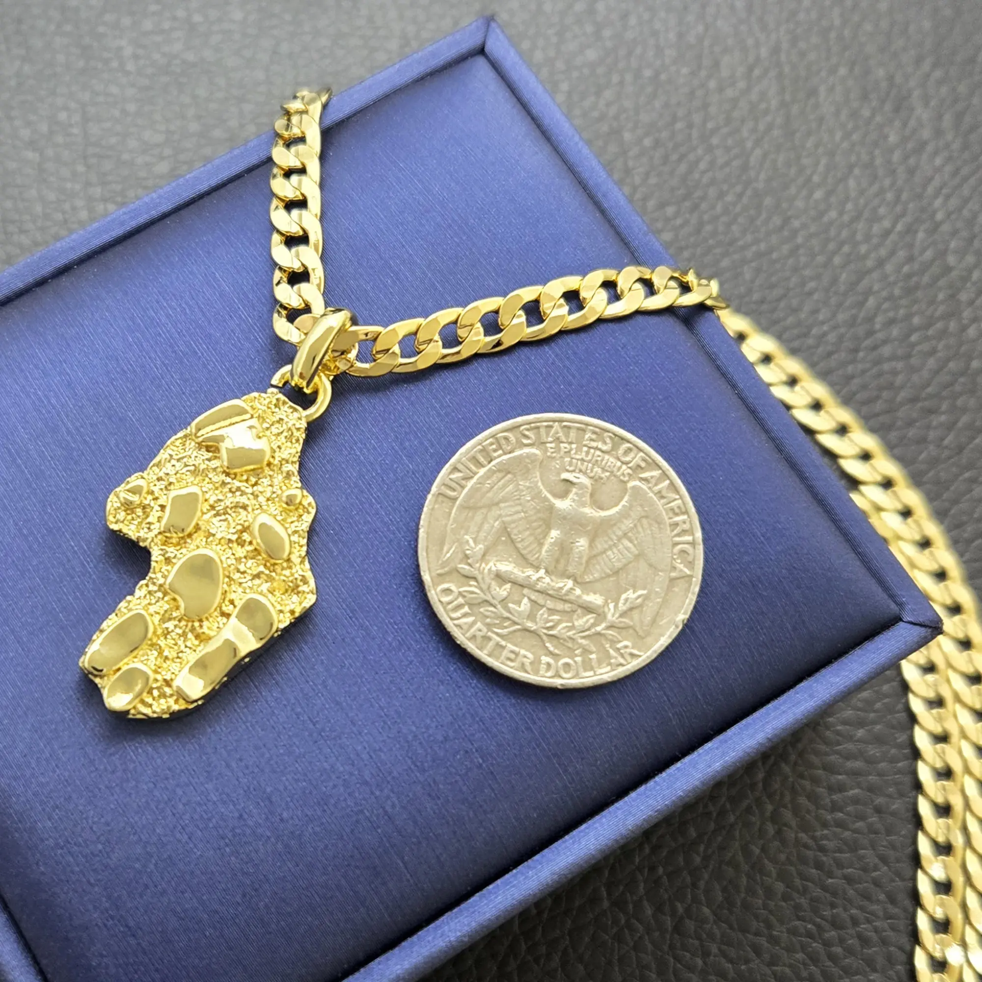 MaxBling81 AAA+ CZ High-End Brass Golden Nugget Drop Pendant, 14K Stamped 4mm 20"-24" Cuban Chain Drop Necklace