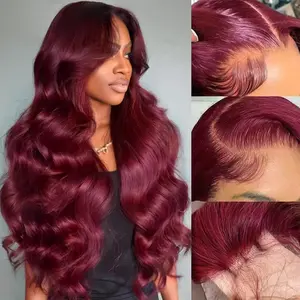 MIRELLE 13x6 Synthetic Burgundy Lace Front Wigs for Women HD Transparent Body Wave Lace Frontal Wig Pre-Plucked with Baby Hair Heat Resistant Fiber 30 Inches 220 Density #99J