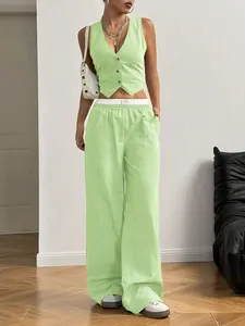 2pcs Women's Casual Striped Single-Breasted Vest And Pants Set,Ladies Casual Button Front,Pocket,Rib-Knit Sleeveless Slim Fit Grey Women Two-Piece Outfits,Spring/Summer,Casual Daily Wear,Multicolor