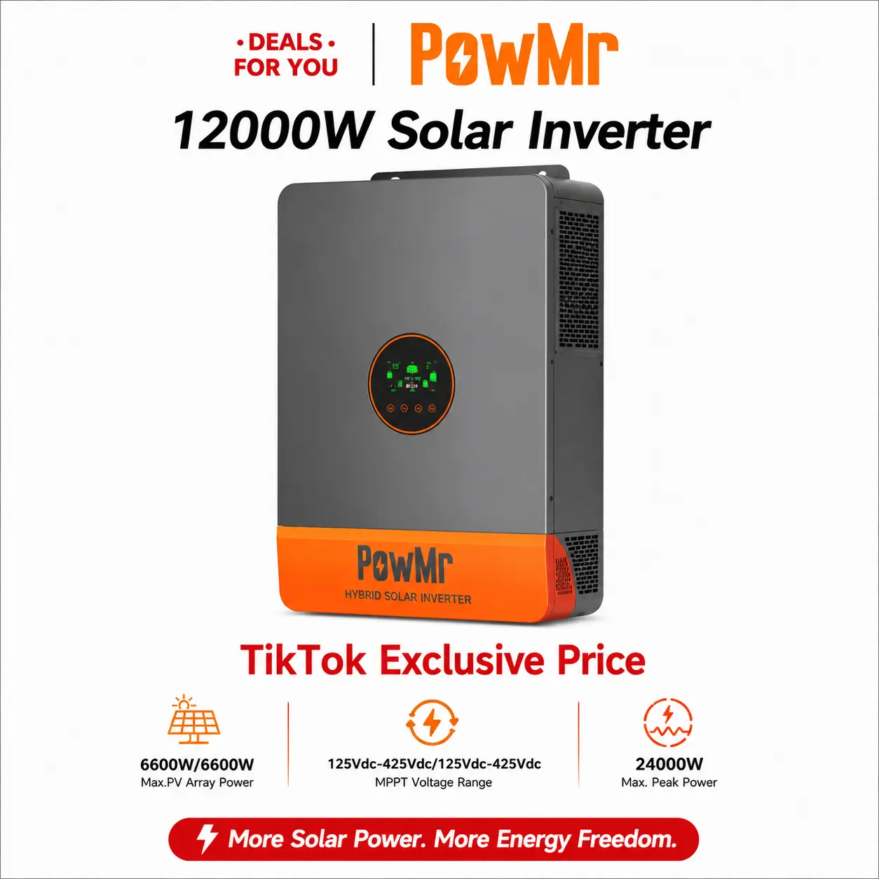 POWMR 12KW 48V Hybrid Solar Inverter Split Phase 120V/240V Dual MPPT 200A PV Charge 6 Parallel Support 12000VA Split Phase Output Pure Sine Wave For Home/Commercial Solar Systems 12KW inversor