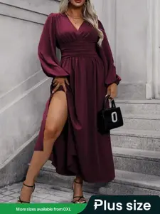 【Plus Size】 Solid Ruched Wrap Split Thigh Dress, Elegant Lantern Sleeve V Neck A Line Dress for Party Holiday Wedding Guest, Women's Clothes for Spring & Fall, Dresses for Women