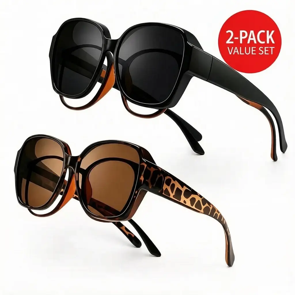 2-Pack Unisex Oversized Retro Fit-Over Sunglasses Sports Eyewear - Slide Over Prescription Glasses or Wear Alone, UV Protection for Driving, Daily Wear