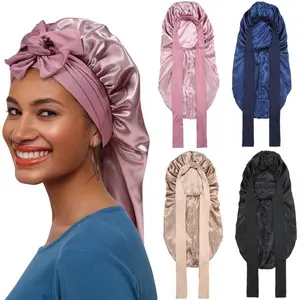 AWAYTR Single Layer Long Satin Bonnet Adjustable Silk Like Hair Bonnets for Women Sleeping Cap for Hair with Elastic Tie Band Hair Care Cap Haircare