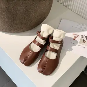 Mary Jane Split-Toed Tabi Ballet Flats in Brown Leather for Women Comfortable Classy Footwear with Good Quality Walking Shoes