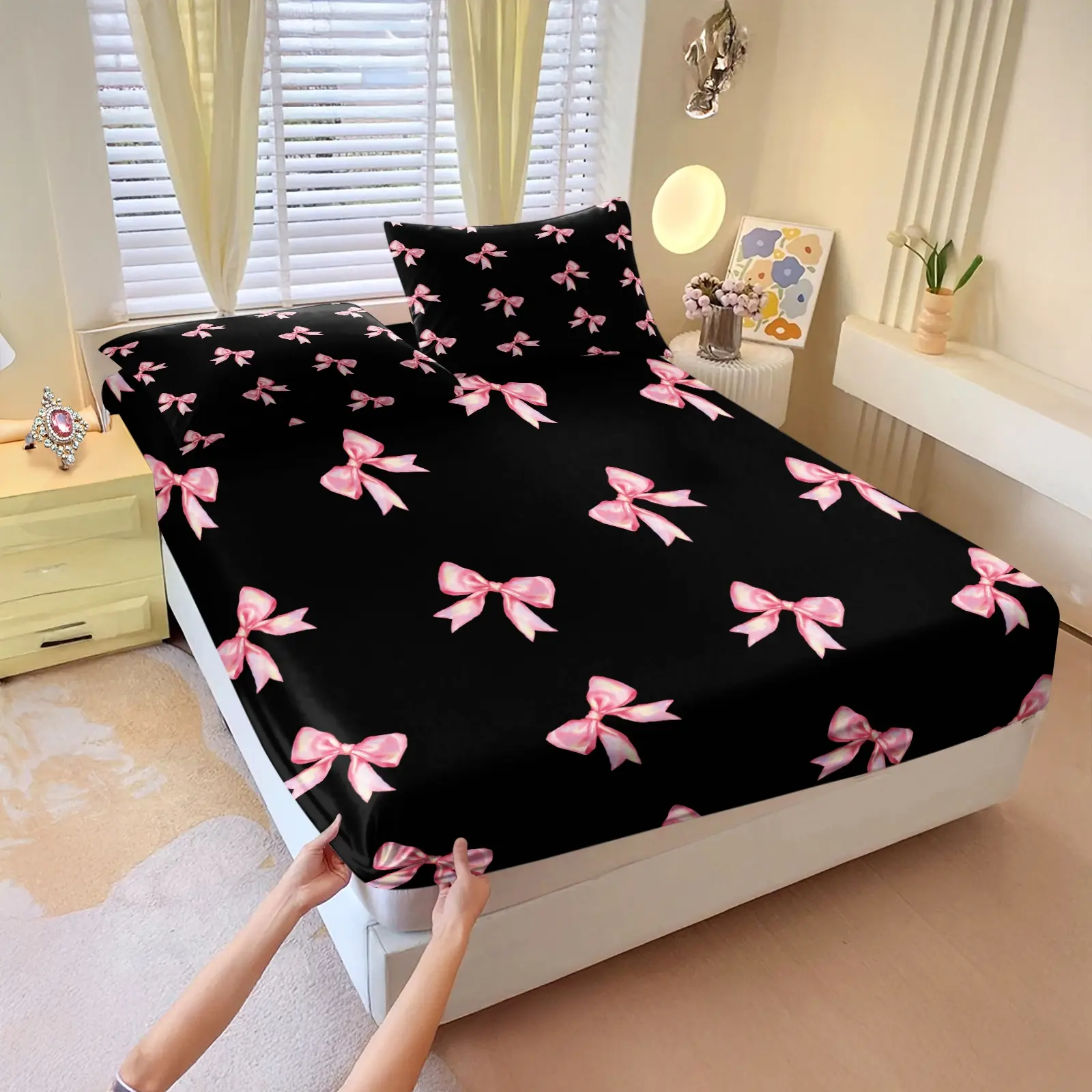 Black background with pink bow-knot print fitted Sheet Set, Decorative bedsheet sets, 1 fitted sheet & 2 pillowcases without filler, soft & comfortable bedding, Bedding supplies, multiple styles available