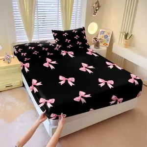 Black background with pink bow-knot print fitted Sheet Set, Decorative bedsheet sets, 1 fitted sheet & 2 pillowcases without filler, fresh & stylish bedroom atmosphere, soft & comfortable bedding, multiple styles available