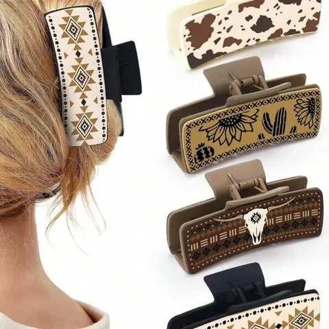 Western Cowboy Style Hair Claw Clips, Vintage Pattern Hair Claws Set, Fashion Hair Accessories for Women and Girls, Decorative Hair Clips, Hair Clip Set for Thick Hair, Hair Claw Clip Pack, Fun Hair Clips