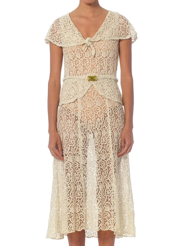 1930S White Bias Cut Cotton Lace Dress With Caplet Sleeves, Peplum & Art-Deco Belt