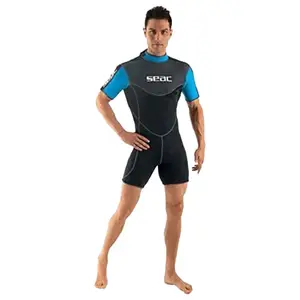 SEAC Men's Shorty Sense 2.5mm Wetsuit, Designed for Water Activities, Black Color with Blue Trim and Logo