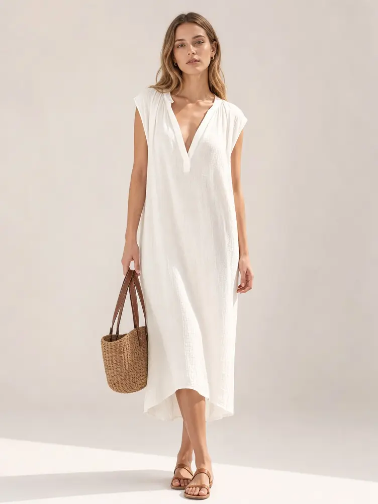 Women's 2026 Summer Sleeveless V-Neck Midi Dress - Loose Relaxed Fit Casual Tunic, Split Hem Flowy Design, Ideal for Beach Vacation, Brunch, Minimalist Chic Womenswear