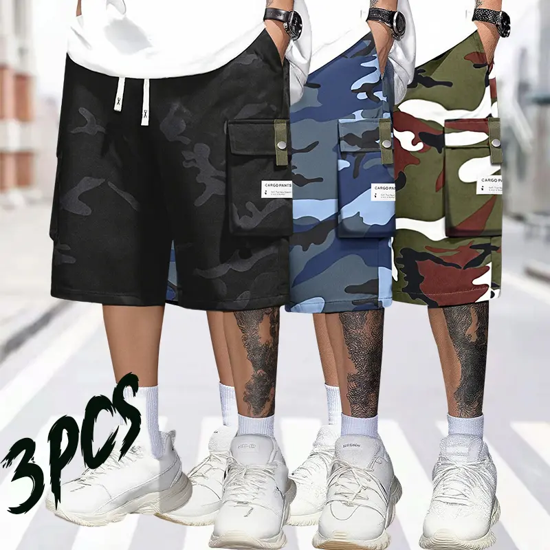 3-pack men’s camouflage cargo shorts, American street streetwear cargo style, breathable skin-friendly casual fabric that stays cool without trapping sweat, elastic drawstring waistband for easy wear without tightening, multi pockets on the sides for prac