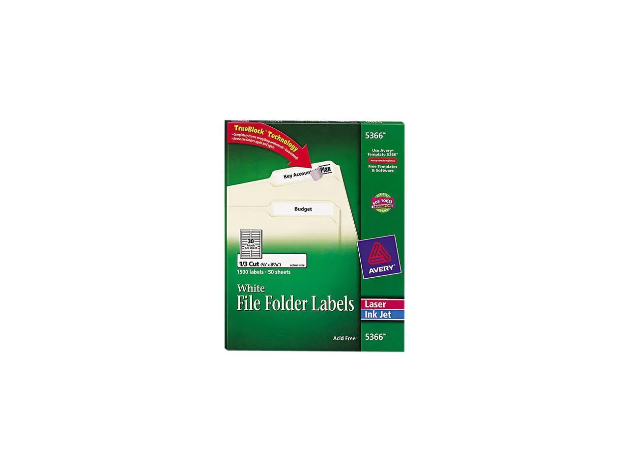 Avery 5366 Permanent Self-Adhesive Laser/Inkjet File Folder Labels, White, 1500/Box