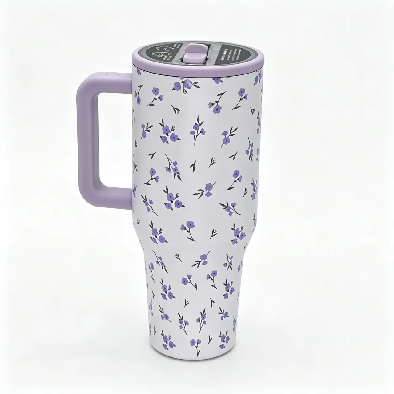 HydroJug 40oz Limited Edition Compact Insulated Stainless Steel Tumbler, Purple Ditsy Floral Print, Ergonomic Handle, Straw Lid, Leak-Proof, BPA-Free, Heat Resistant Vacuum Mug for Travelers, Gym, Daily Outdoor Use