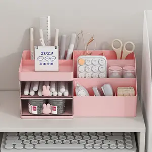 Cartoon Rabbit Desktop Storage Box, Abs Plastic Multi-Layer Organizer, Desk Accessories, Transparent Drawer for Stationery and Cosmetics