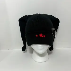 Gothic Jester Hat - Black Knit Design with Red Accents, Includes Black Straps and Decorative Detail