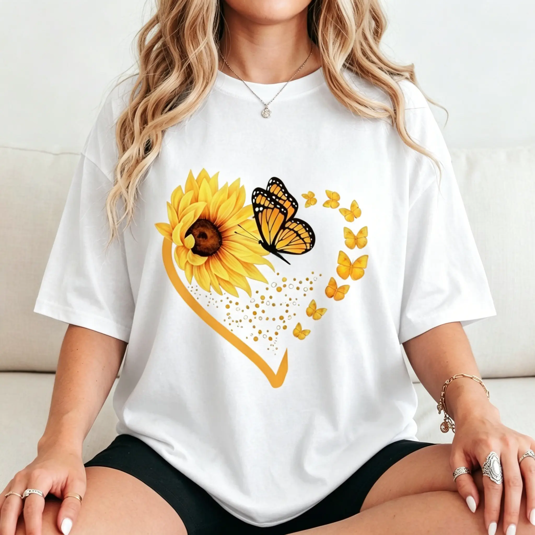 100% Cotton Sunflower & Monarch Butterfly Heart Graphic Tee, Cute Nature Floral Print Top, Boho Yellow Flower Casual Shirt, Soft Breathable Summer Daily Outfit