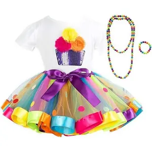 Girls Rainbow Ballet Tutu Skirt Set with Top, Necklace & Bracelet, Cute Princess Dance Dress for Party, Daily Wear & Kids Easter Gift