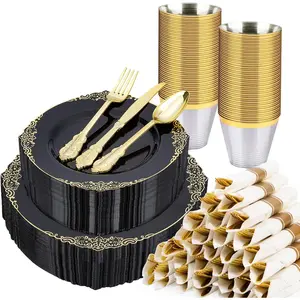 350 count Black and  Plastic Plates, Plastic Dinnerware Set for 50 Guests, 100 Disposable Plates, 150 Silverwares, 50 Cups, 50 Napkins for Party, Wedding, Graduation