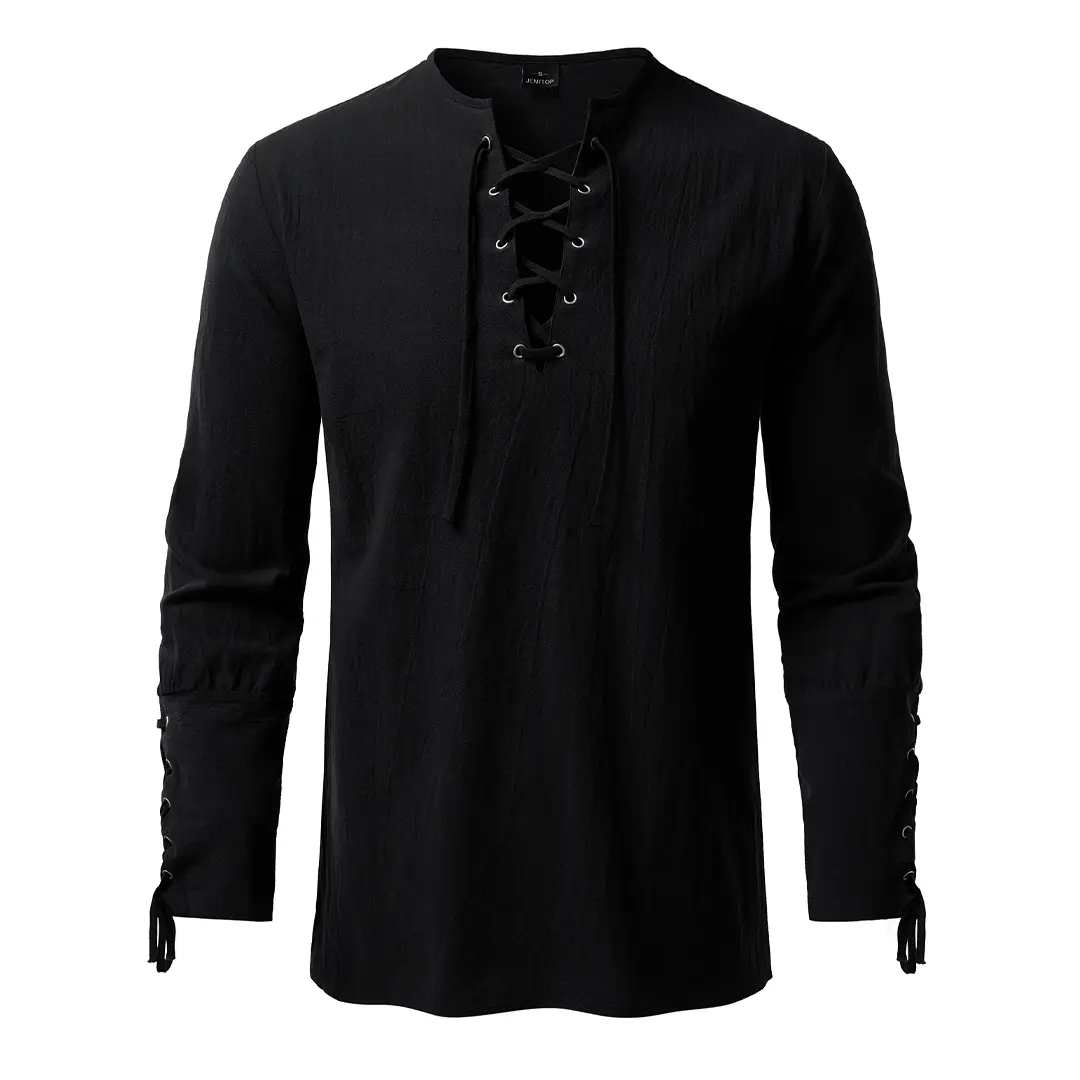 JEMITOP Men's Retro Renaissance Textured Cotton Shirt, Medieval Lace-Up V-Neck, Regular Fit for Halloween Pirate Cosplay & Opera, Viking, Knight, Larp Style, Vintage, No