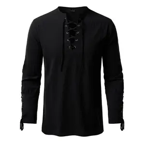 JEMITOP Men's Cotton Long-Sleeve Arm-Banded Lace-Up Shirt - Halloween Cosplay Costume for Medieval Viking, Retro Casual Vampire Outfit (Without Belt)