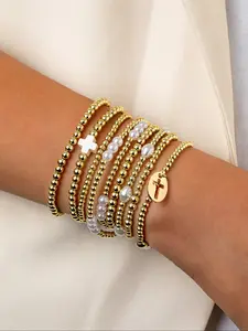 9-Piece Cross Pendant Bracelet Set, Unisex Multi-Layer Elastic Wristband Jewelry, Perfect for Daily Wear & Gifts, Stackable Bracelets