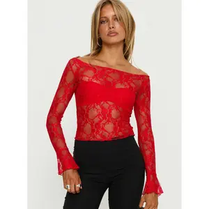 Junah Sheer Lace Long Sleeve Top Red