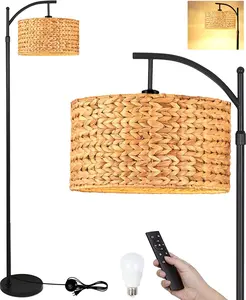 Floor Lamp for Living Room Bedroom Farmhouse Arc Rattan Boho Standing Lamp with Remote Dimmable Black Wicker Bamboo Lamp Shade Floor Light Adjustable Tall Lamp Industrial Floor Lamps Bohemian