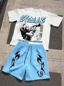 Men's Graphic Print Short Sleeve T-Shirt Tee and Drawstring Waist Shorts Set, Menswear, Soft Comfortable Fabric, Classic Casual Summer Outdoor Wear