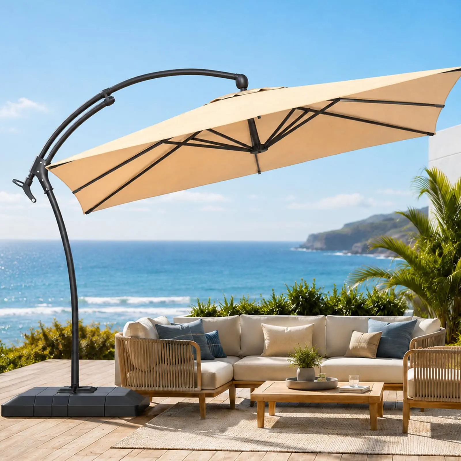 10ft Square Cantilever Patio Umbrella Set with Matching Base, Aluminum Offset Outdoor Umbrella, 360° Full Rotation & Infinite Tilt Function, Weatherproof Beige Shade for Pool, Garden & Terrace