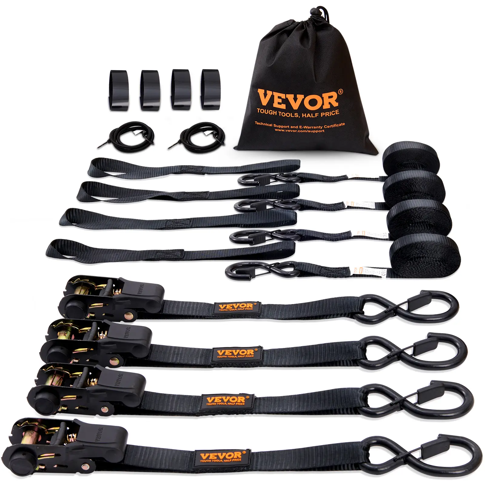 VEVOR 4PK Ratchet Tie Down Straps with Bungee Cord, 2200 lb Max Break Strength, 1"x15" Premium Padded-Handle Durable Nylon Rope, Adjustable Hanging Ropes, Truck Accessories for Roof Racks, Lawn Equipment, Kayaks, Father's Day Gift, Vehicle Accessories, Mo