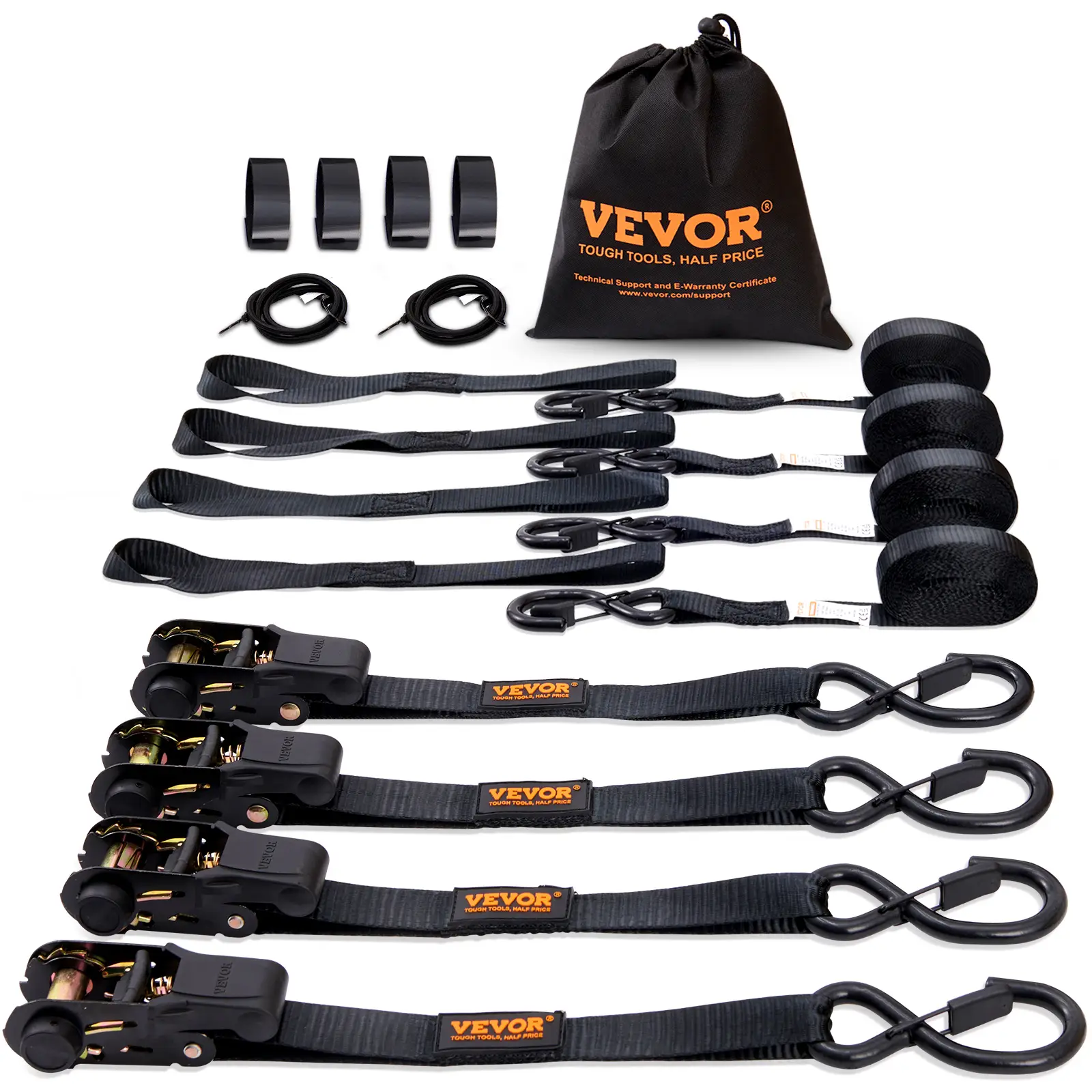 VEVOR Ratchet Tie Down Straps (4PK), 2200 lb Max Break Strength, Includes 4 Premium 1" x 15' Rachet Tie Downs with Padded Handles, for Moving Securing