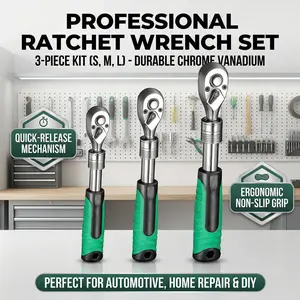 3-Piece 72-Tooth Ratchet Wrench Set, 1/4" 3/8" 1/2" Drive, Extendable Handle, Flexible Head, Quick Release Reversible Socket Wrench with Non-Slip Rubber Grip for Auto Repair & DIY Projects