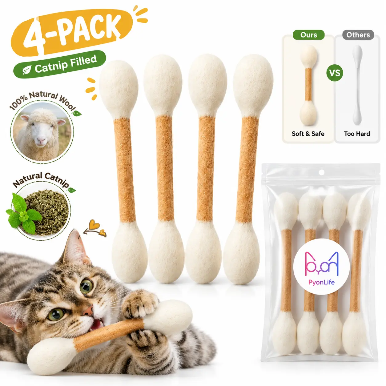 4 Pack 100% Natural Wool Catnip Felt Cotton Swab Chew Safe Teaser Toys for Indoor Cats, Universal Soft Teething Entertainment Toy with Storage Bag to Reduce Boredom