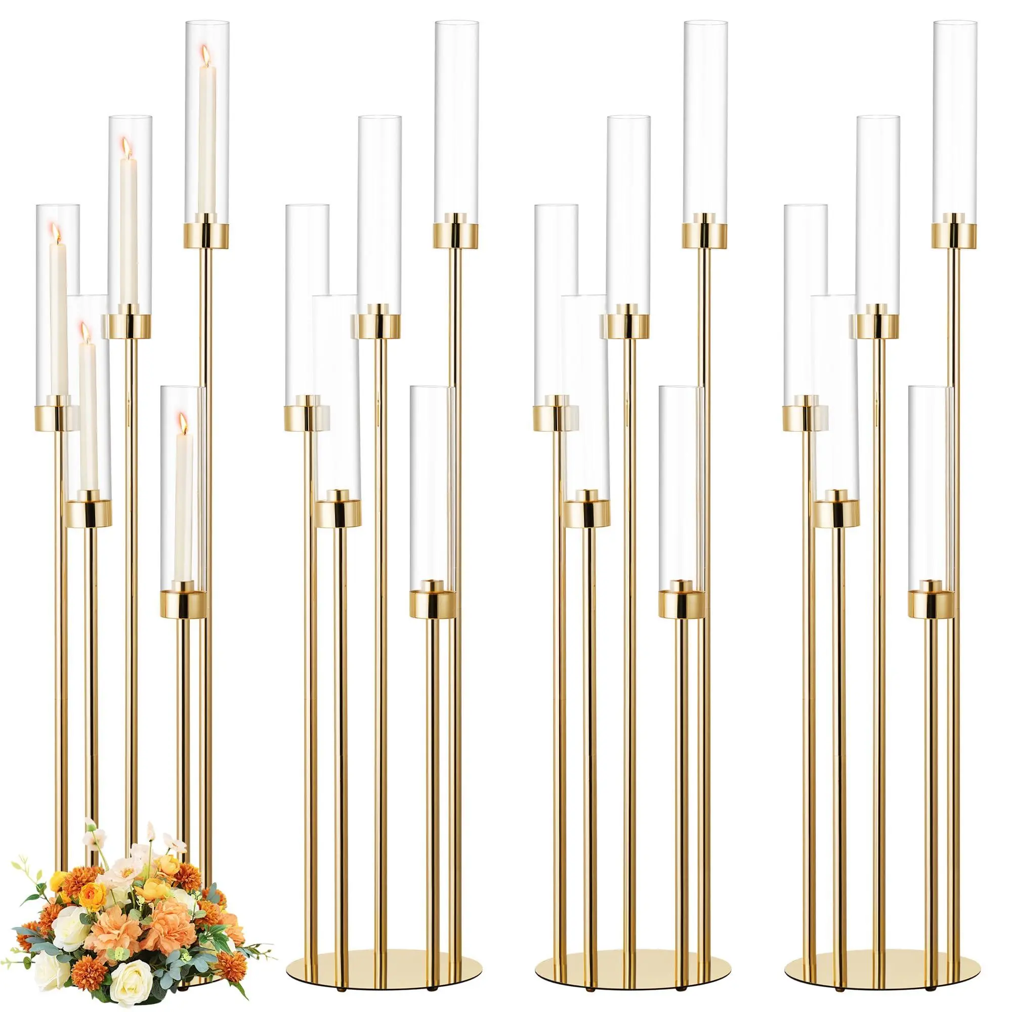 Garvee 4PCS 42.5In 5 Arm Gold Floor Candelabra, Tall Metal Candle Centerpieces for Tables with Acrylic Lampshade for Wedding, Birthday Party, Home Decoration, Christmas, Fit LED 0.82'' LED Candle