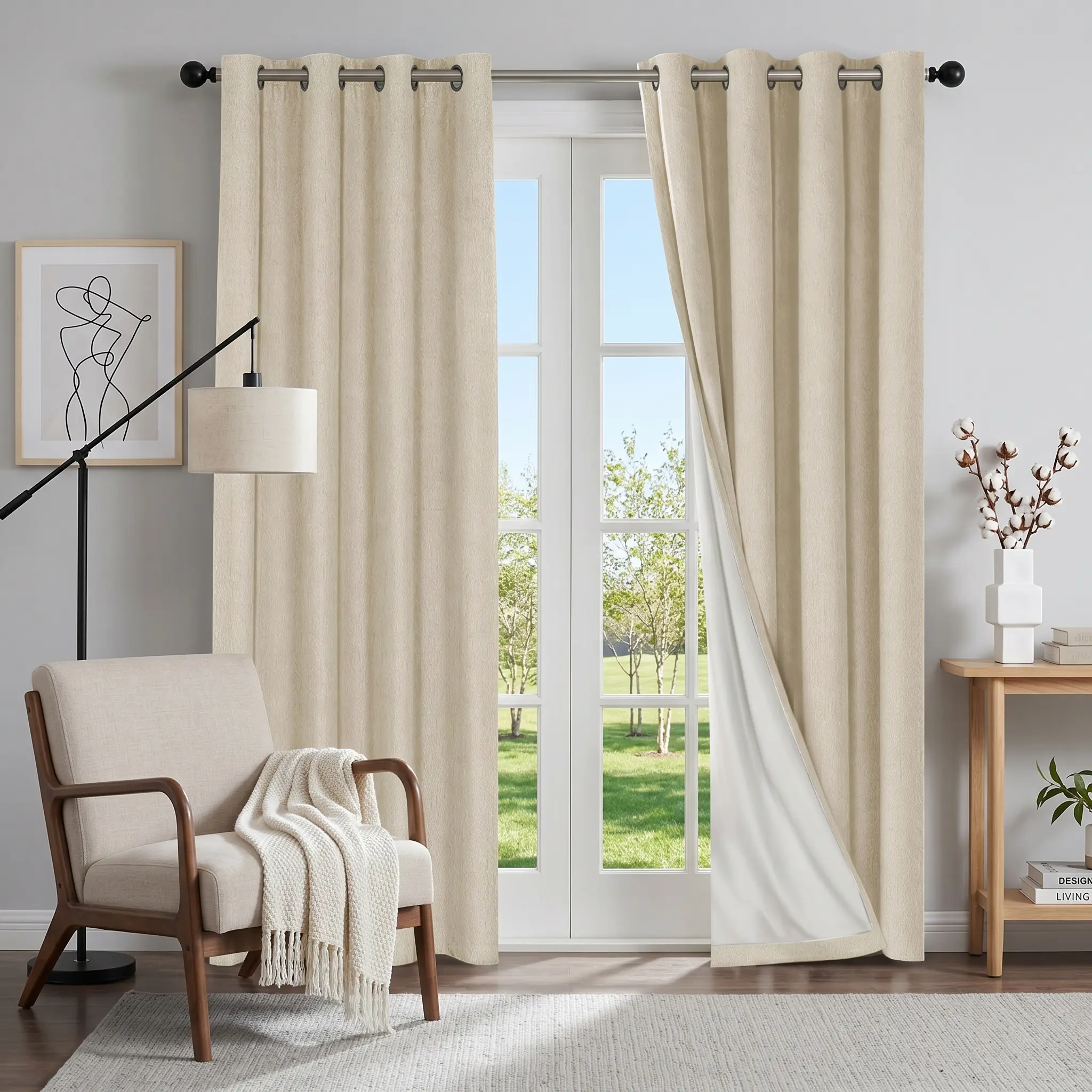 Ivory 2-Panel Polyester Fabric Faux Linen Grommet Curtains - 100% Blackout Thermal Insulated Darkening Textured Drapes, Modern Farmhouse & Classic Style Farmhouse Curtains, Machine Washable, No Bleach, for Bedroom, Darkening Curtains