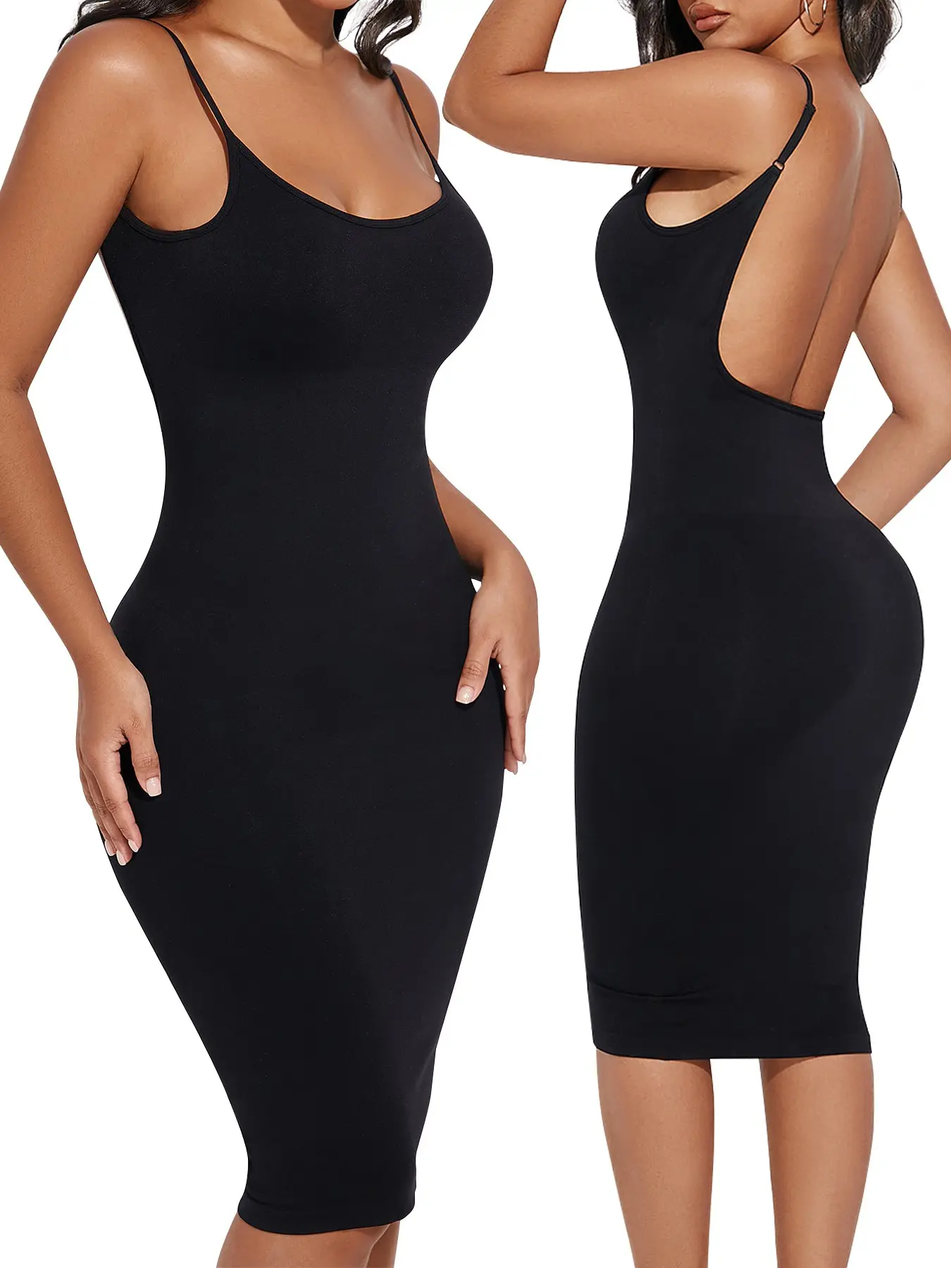 Backless Bodycon Shapewear Dress - Seamless Tummy Control Midi Dress, Soft Snatched & Stretchy Cami Shaping Slip, Classy Hourglass Silhouette for Parties & Dating, Your New Favorite Date Night Dress