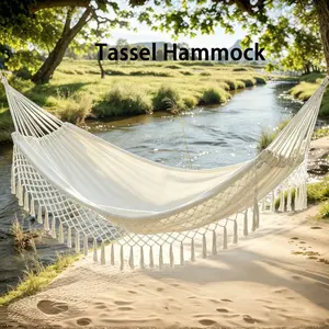 Portable Twin Camping Macrame Hammock with Storage Bag and Fringe, Outdoor Swing, Canvas 110x59in, Ideal for Camping, Backyard, Beach, Shade