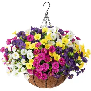Artificial hanging flower and plant basket for outdoor indoor use, Artificial hanging baskets, 2 sets of artificial silk white yellow purple magenta morning glory fake eucalyptus flower pot UV-proof spring-summer home garden decoration