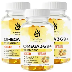 VYHTHY Omega 3 6 9 Fish Oil + 7 Turmeric Supplements 1875mg - 5 in 1 Premium Fish Oil Softgels with High EPA DHA, Borage & Macadamia Nut Oil, Emulsified Turmeric Root - Joint, Heart & Immune Support - 120 Softgels