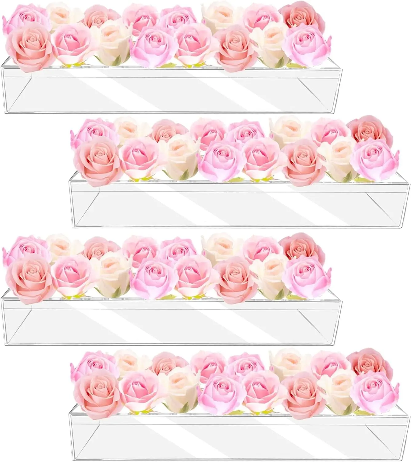 4Pcs 63 inch Clear Acrylic Flower Vase with 64 Holes Modern Rectangular Long Vase Clear Floral Centerpiece for Dining Table Reception Home Party Decorations