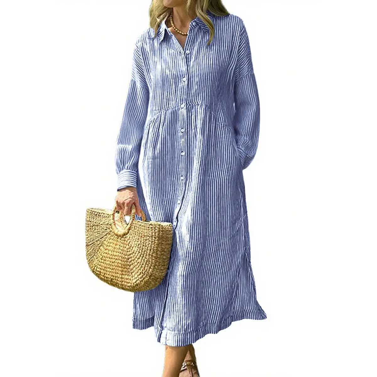 Yinos Women's Business Casual Striped Shirt Dress Long Sleeve Button Down Midi Long Boho Dress