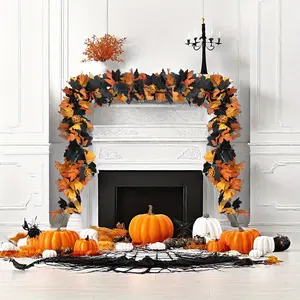 Gothic Ghost Halloween Wreath Set, Artificial Maple Leaves & Pumpkin Spider Decorations, Holiday Party Decor, Perfect for Fall Thanksgiving Christmas