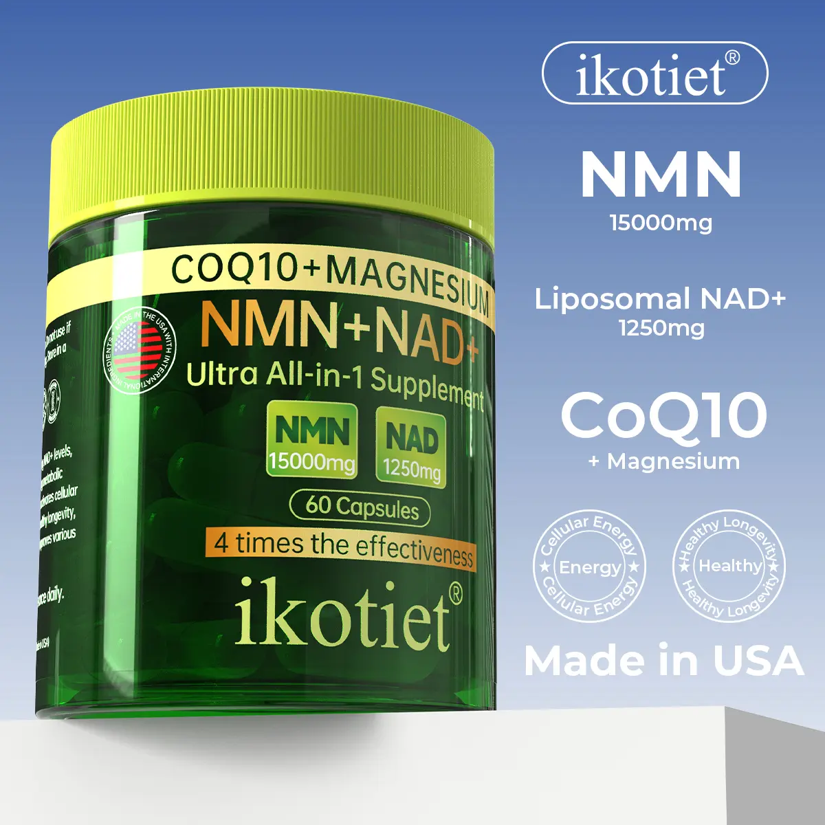 ikotiet 4-in-1 Formula | Heart Support + Muscle Recovery + Daily Energy | Daily Dietary Supplement | Vegetarian Capsules | 180 Count