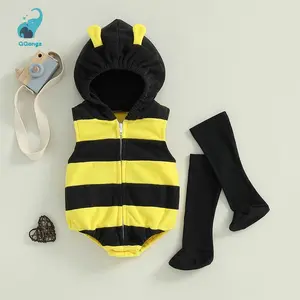 Baby Bee Costume Sleeveless Stripes Hooded Romper Long Socks Set Infant Costume Newborn Outfit