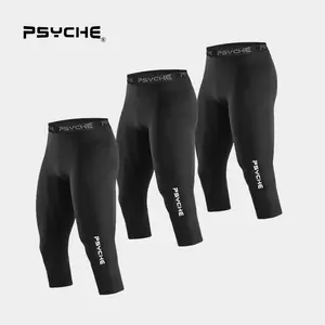 PSYCHE 3 Pack Men's 3/4 Compression Pants Compression Underwear For Gym Workout Running Basketball,Squat-Proof, Sweat-Wicking And Ultra-Breathable