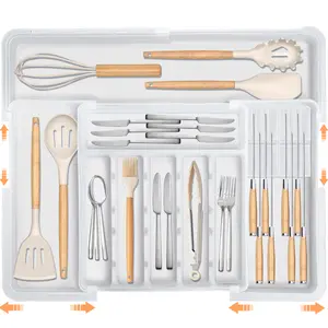 【SUHOPE】【Holiday Deal】Silverware Organizer for Kitchen Drawers, Expandable Utensil Organizer & 2 Knife Block Inserts, BPA Free Flatware and Cutlery Holder, Adjustable Plastic Storage for Spoons Forks Knives(Clear)
