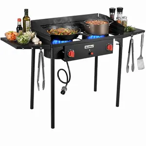 BESTFIRE 150K BTU 2-Burner Propane Outdoor Stove – Includes Wind Panel, Removable Legs,  Side Shelves, Auto Ignition, Heavy Duty Outdoor Gas Cooker for BBQs, Home Brewing, Turkey Frying & Backyard Cooking detachable picnic camp home patio backyard