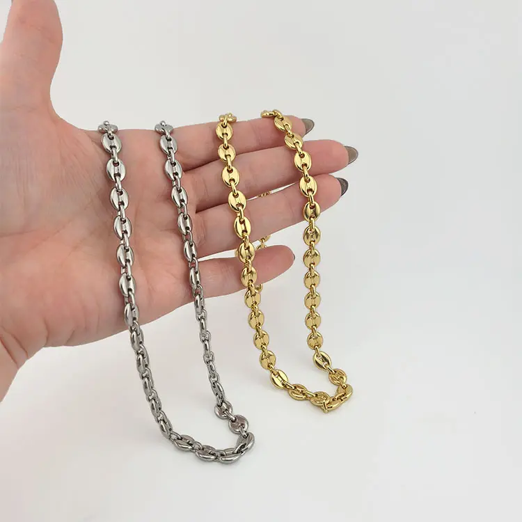FWJ Women's Stainless Steel Chain Necklace, 7.5mm Trendy Hollow Puff Links, Durable Jewelry for Casual Wear in Gold or Steel Finish, Trendy Jewelry, Chain & Link, Daily, Long, Resistance To Corrosion, Unisex, Mariner Chain